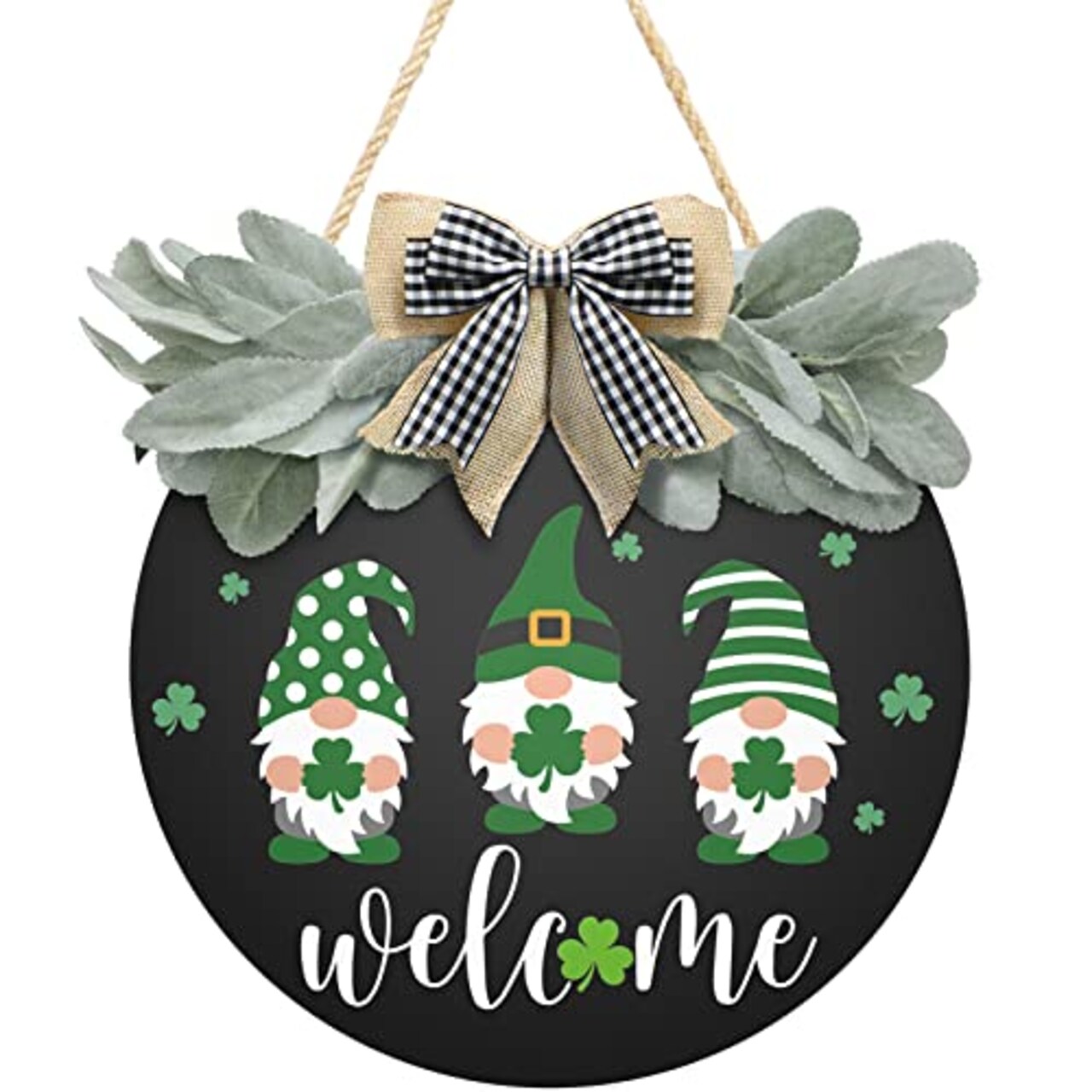 St Patrick's Day Welcome Sign Wreath For Front Door Decor Shamrock Hanging Door Sign Gnomes Pattern With Greenery & Bow Wooden Round St Patricks Day Decoration For The Home Farmhouse Decor 12x12 Inch
